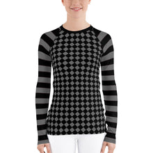 Load image into Gallery viewer, Grey Checkers Women's Rash Guard.